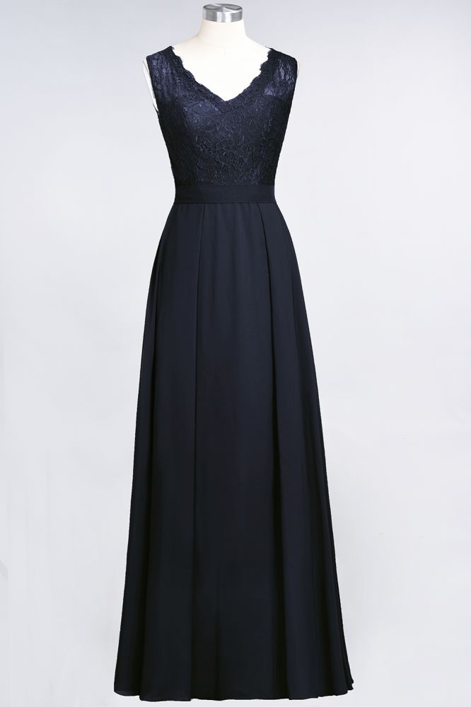 Elegant Chiffon Lace Sleeveless V-Neck Long Bridesmaid Dresses with Ruffles