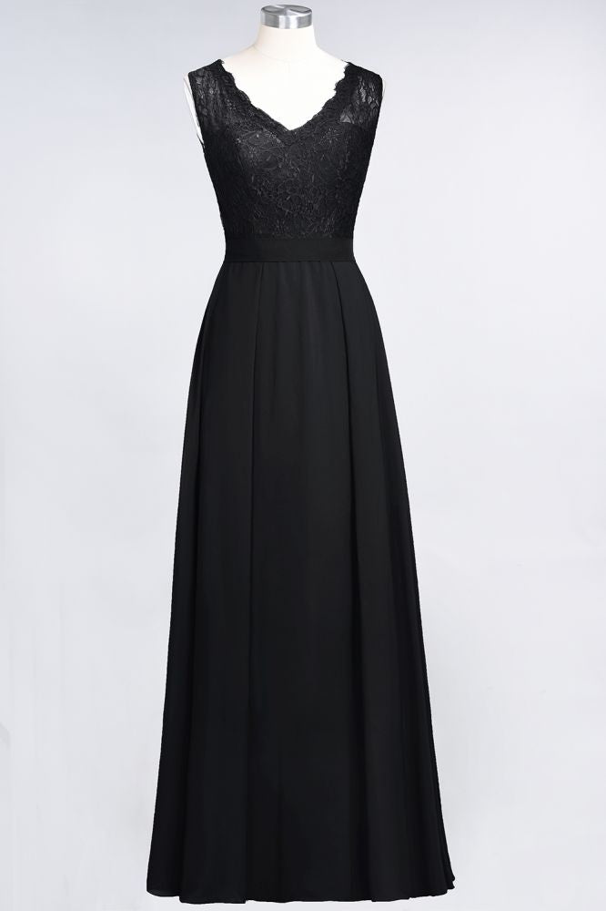 Elegant Chiffon Lace Sleeveless V-Neck Long Bridesmaid Dresses with Ruffles