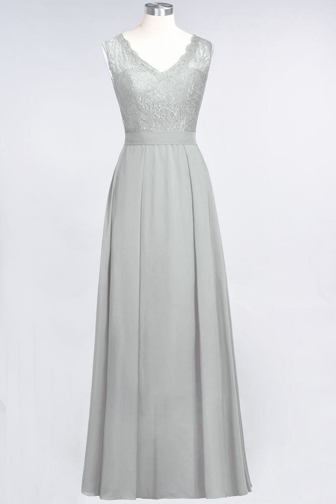 Elegant Chiffon Lace Sleeveless V-Neck Long Bridesmaid Dresses with Ruffles