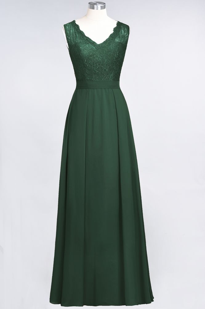 Elegant Chiffon Lace Sleeveless V-Neck Long Bridesmaid Dresses with Ruffles