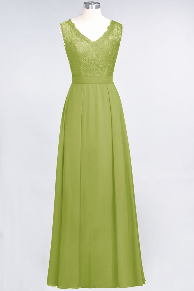 Elegant Chiffon Lace Sleeveless V-Neck Long Bridesmaid Dresses with Ruffles
