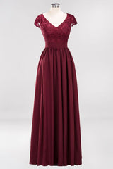Elegant Chiffon Lace Sleeveless V-Neck Long Bridesmaid Dresses with Ruffles