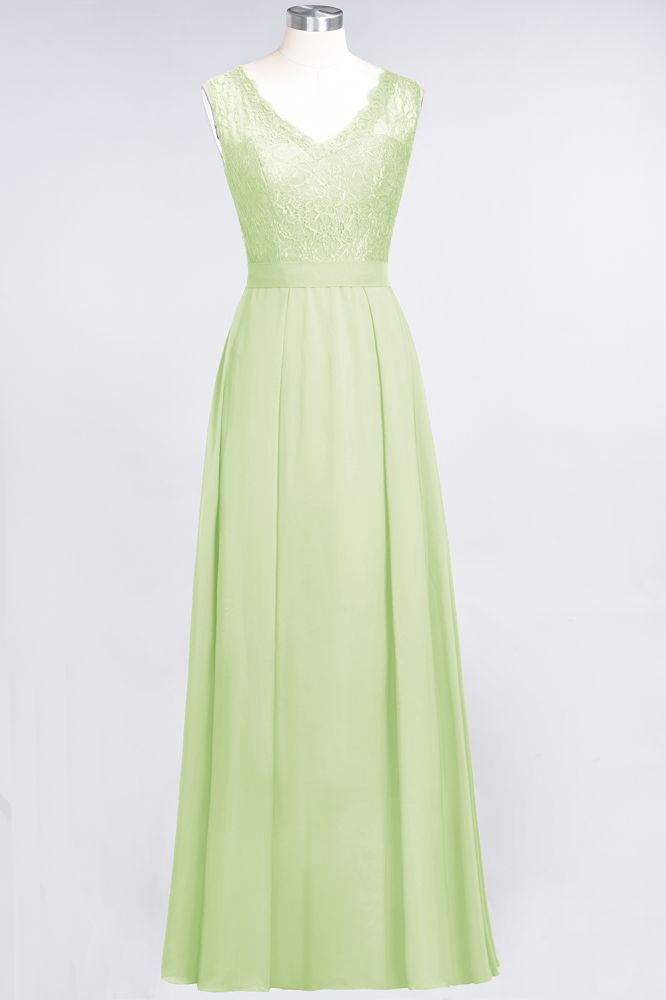 Elegant Chiffon Lace Sleeveless V-Neck Long Bridesmaid Dresses with Ruffles