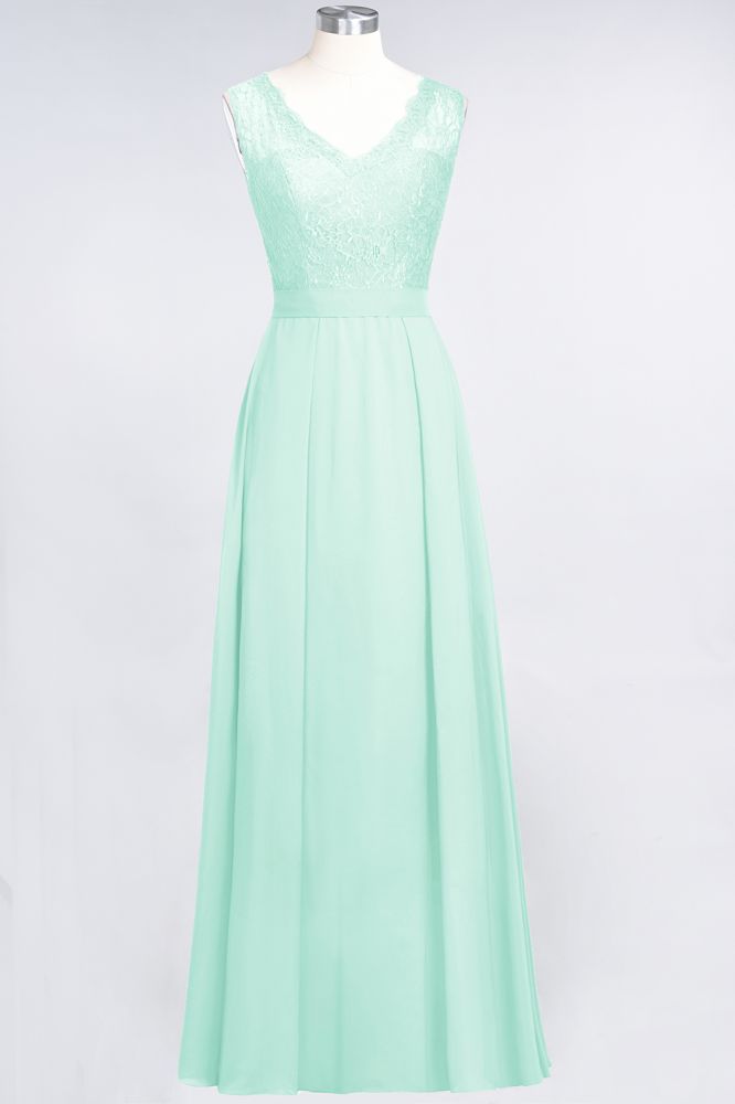 Elegant Chiffon Lace Sleeveless V-Neck Long Bridesmaid Dresses with Ruffles
