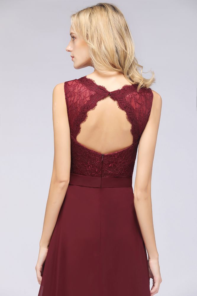 Elegant Chiffon Lace Sleeveless V-Neck Long Bridesmaid Dresses with Ruffles