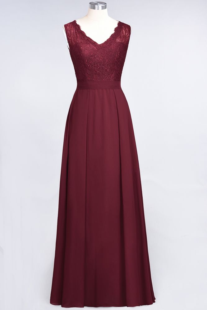 Elegant Chiffon Lace Sleeveless V-Neck Long Bridesmaid Dresses with Ruffles