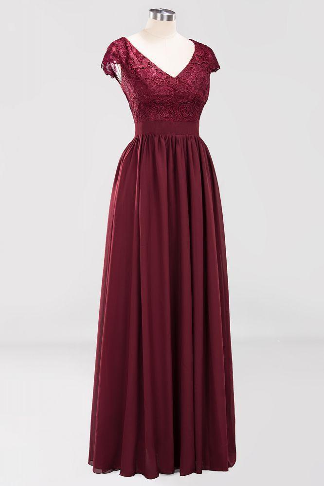 Elegant Chiffon Lace Sleeveless V-Neck Long Bridesmaid Dresses with Ruffles