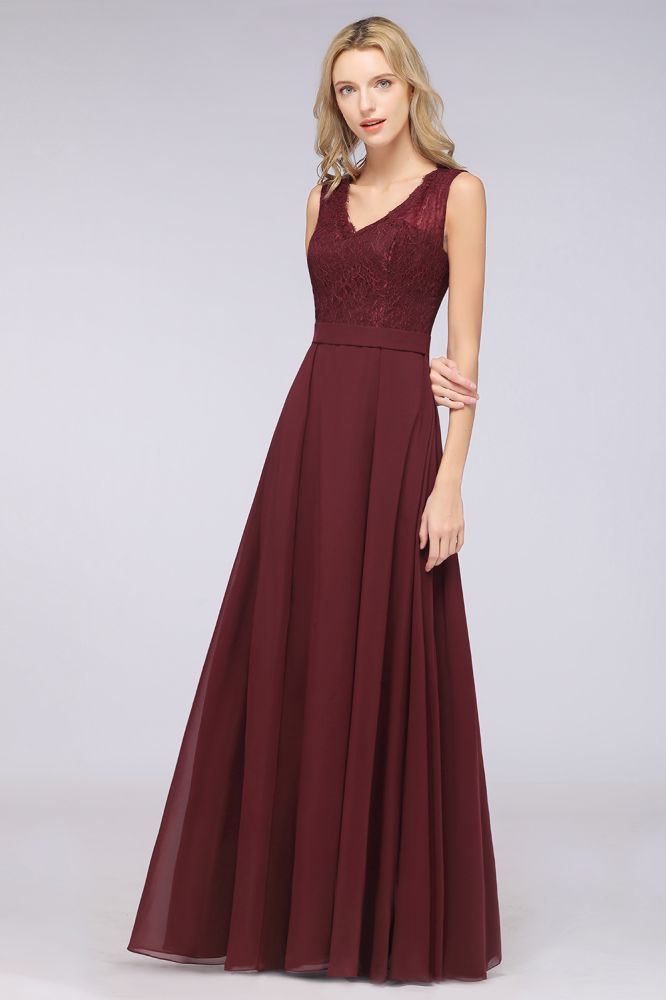 Elegant Chiffon Lace Sleeveless V-Neck Long Bridesmaid Dresses with Ruffles