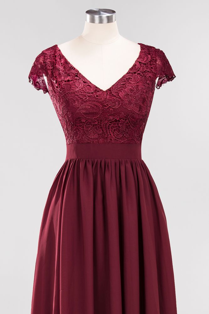 Elegant Chiffon Lace Sleeveless V-Neck Long Bridesmaid Dresses with Ruffles
