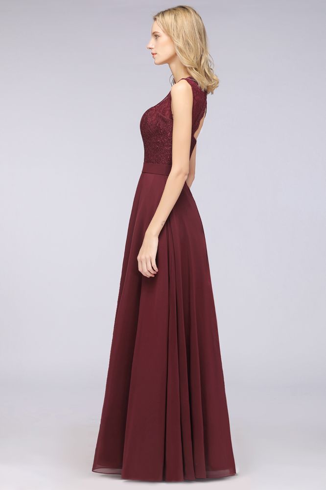 Elegant Chiffon Lace Sleeveless V-Neck Long Bridesmaid Dresses with Ruffles