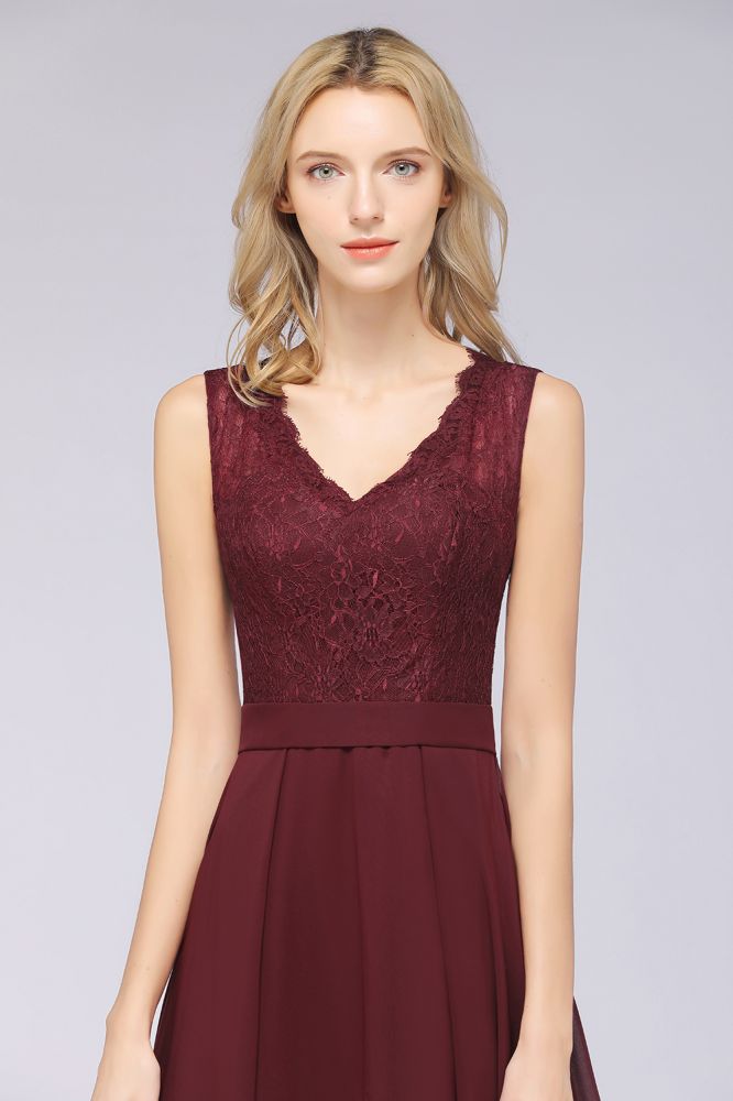 Elegant Chiffon Lace Sleeveless V-Neck Long Bridesmaid Dresses with Ruffles