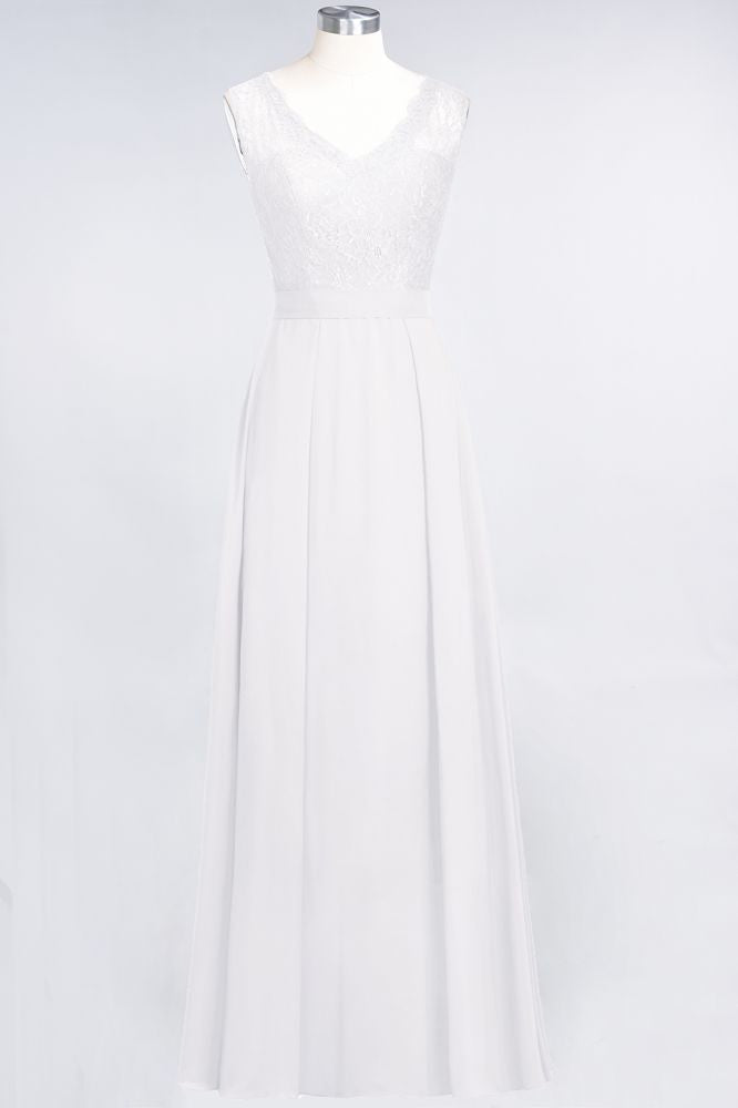 Elegant Chiffon Lace Sleeveless V-Neck Long Bridesmaid Dresses with Ruffles