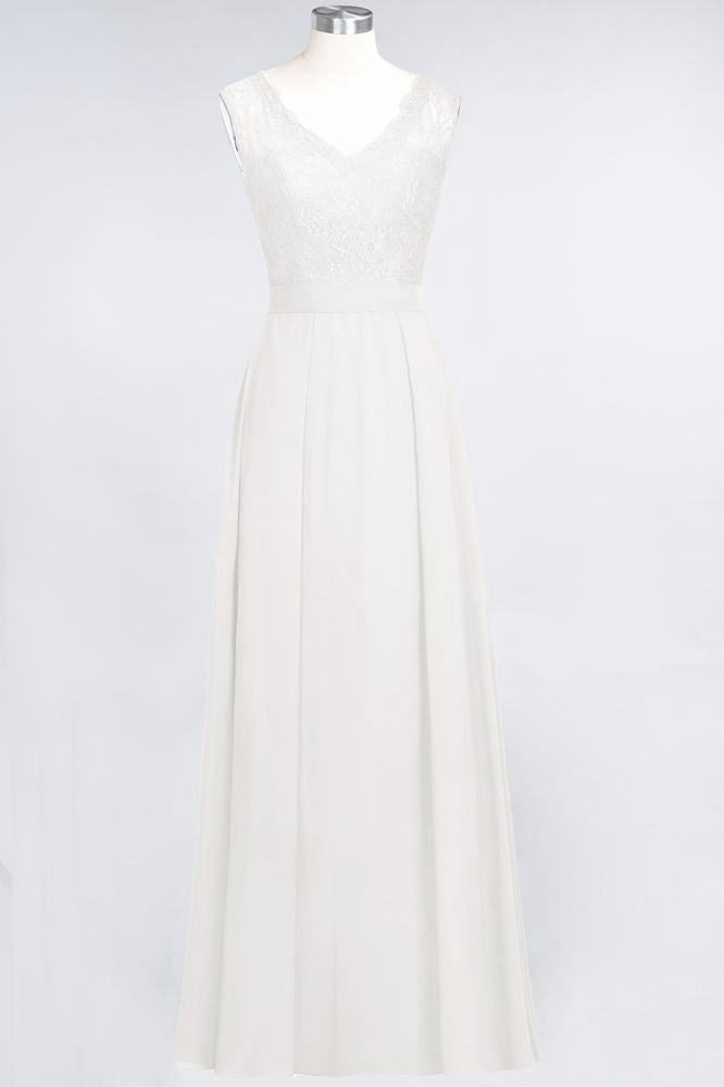 Elegant Chiffon Lace Sleeveless V-Neck Long Bridesmaid Dresses with Ruffles