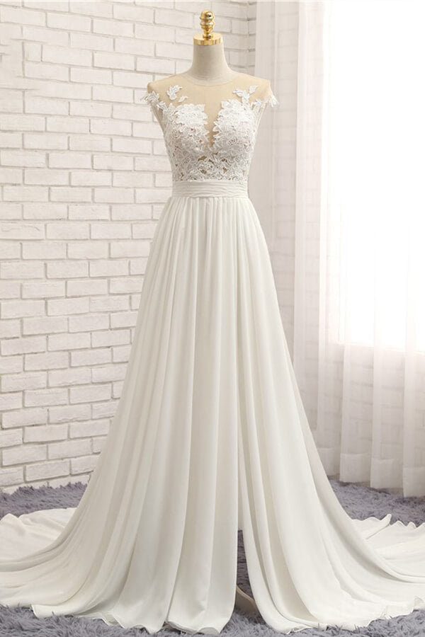 Elegant Chiffon Sleeveless Appliques Wedding Dress | A-line Jewel White Bridal Gowns