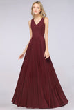Elegant Chiffon Sleeveless V-Neck Bridesmaid Dress Long Ruffles Side Split Evening Gown