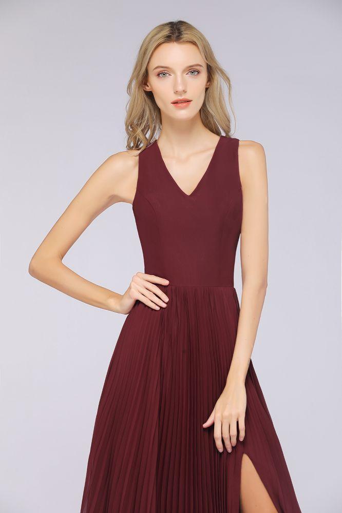 Elegant Chiffon Sleeveless V-Neck Bridesmaid Dress Long Ruffles Side Split Evening Gown