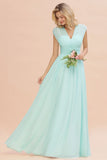 Elegant Chiffon Sleeveless V-Neck Long Elegant Bridesmaid Dress with Ruffles