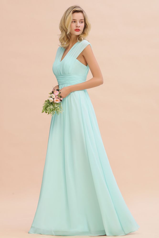 Elegant Chiffon Sleeveless V-Neck Long Elegant Bridesmaid Dress with Ruffles