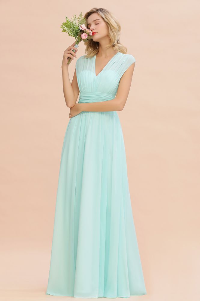 Elegant Chiffon Sleeveless V-Neck Long Elegant Bridesmaid Dress with Ruffles