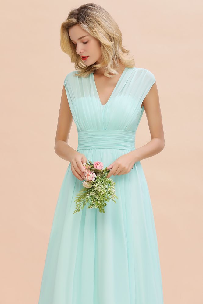 Elegant Chiffon Sleeveless V-Neck Long Elegant Bridesmaid Dress with Ruffles