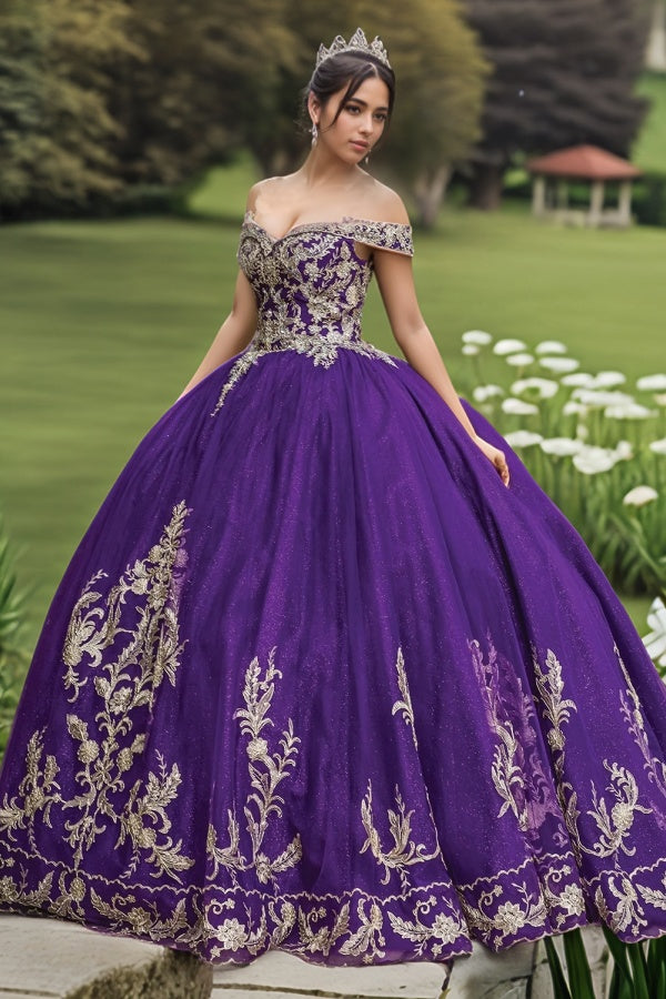 Elegant & Classic Ball Gown Off Shoulder Sleeveless Gold Flower Appliques Lace Up Dark Purple Tulle Quinceanera Dress Birthday Party Dress For Sweet