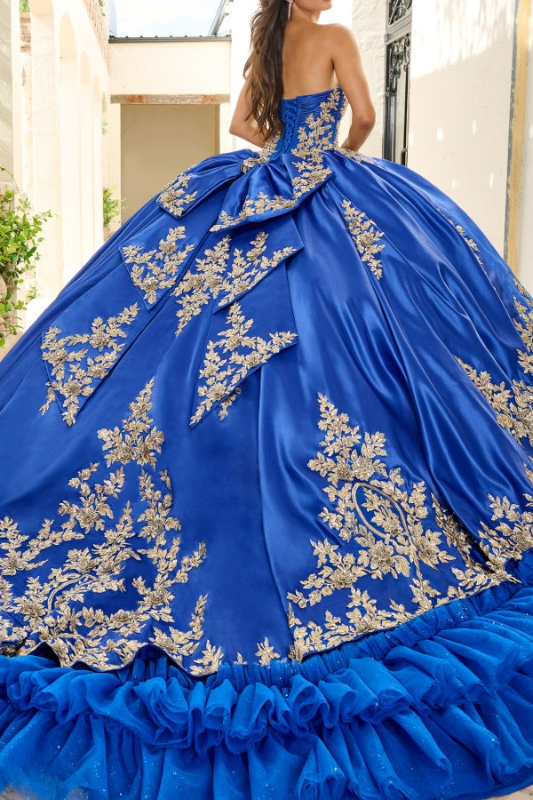 Elegant & Classic Ball Gown Sweetheart Neck Sleeveless Gold Appliques Tiered Royal Blue Tulle Quinceanera Dress Birthday Party Dress For Sweet 16 Elegant & Classic Ball Gown Sweetheart Neck Sleeveless Gold Appliques Tiered Royal Blue Tulle Quinceanera Dress Birthday Party Dress For Sweet 16