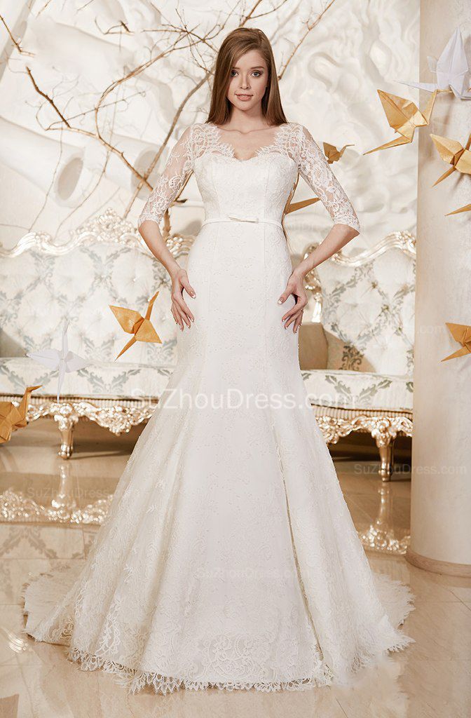 Elegant Court Train Mermaid Wedding Dress Lace Half Sleeve Bridal Gowns