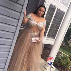 Elegant Crystal Long Sleeves Tulle Long Prom Party Gown Evening Party Dress BA5149