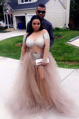 Elegant Crystal Long Sleeves Tulle Long Prom Party Gown Evening Party Dress BA5149