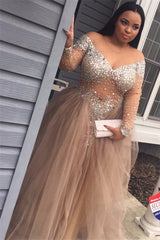 Elegant Crystal Long Sleeves Tulle Long Prom Party Gown Evening Party Dress BA5149