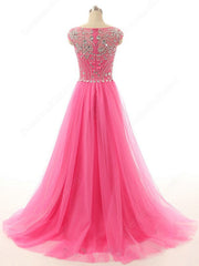 Elegant Crystal Tulle Prom Dresses A-Line Beading Sweep Train Evening Gowns