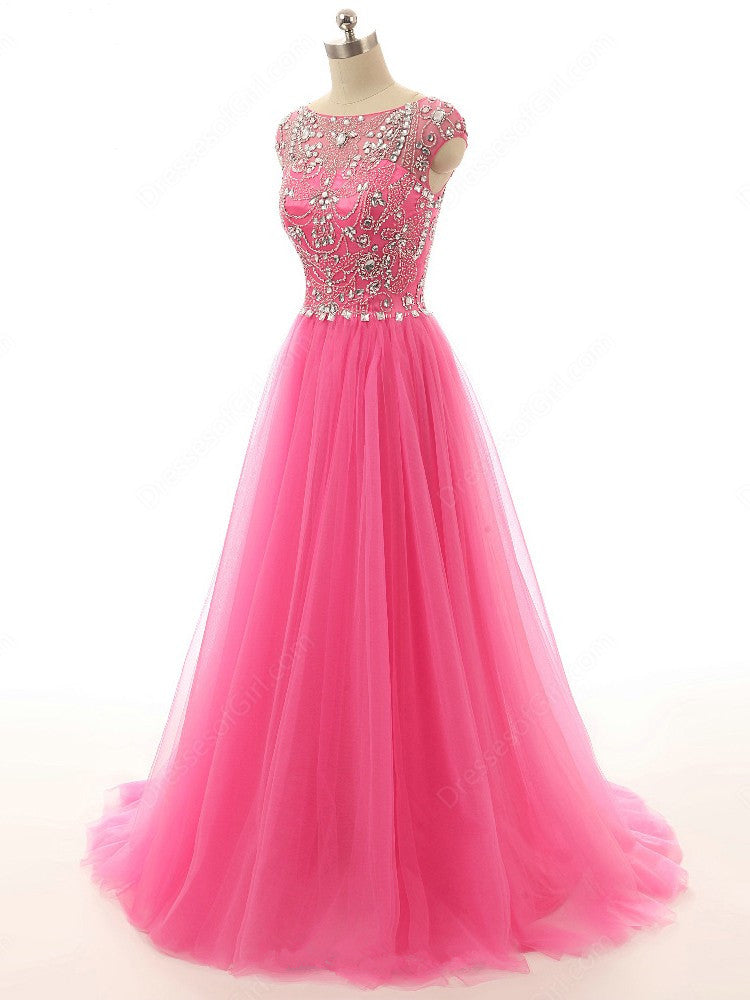 Elegant Crystal Tulle Prom Dresses A-Line Beading Sweep Train Evening Gowns