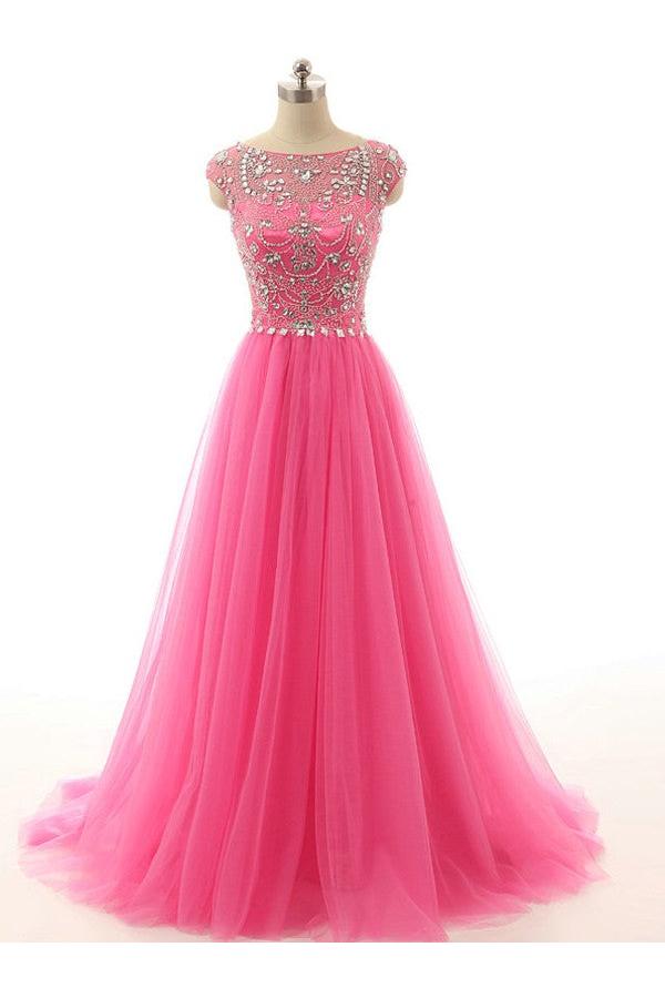 Elegant Crystal Tulle Prom Dresses A-Line Beading Sweep Train Evening Gowns