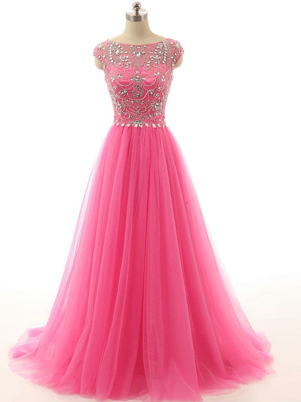 Elegant Crystal Tulle Prom Dresses A-Line Beading Sweep Train Evening Gowns