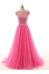 Elegant Crystal Tulle Prom Dresses A-Line Beading Sweep Train Evening Gowns