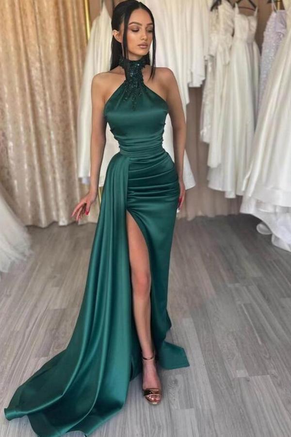 Elegant Dard Green Halter Mermaid Prom Dress With Side Slit