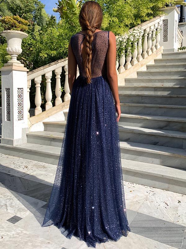 Elegant Dark Blue Sequins Prom Dress Long Sleeveless