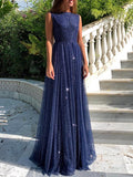 Elegant Dark Blue Sequins Prom Dress Long Sleeveless