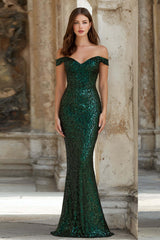 Suzhoufashion Elegant Dark Green Mermaid Off The Shoulder Long Sequin Prom Dress