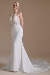 Elegant Deep V-Neck Floral Lace Mermaid Wedding Dress Sleeveles halter White Satin Bride Dress