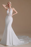 Elegant Deep V-Neck Floral Lace Mermaid Wedding Dress Sleeveles halter White Satin Bride Dress