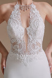 Elegant Deep V-Neck Floral Lace Mermaid Wedding Dress Sleeveles halter White Satin Bride Dress