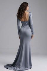 Suzhoufashion Elegant Dusty Blue Beaded Mermaid Long Satin Evening Dress With Slit
