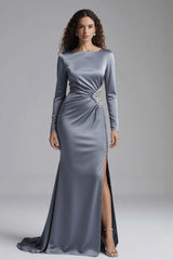 Suzhoufashion Elegant Dusty Blue Beaded Mermaid Long Satin Evening Dress With Slit