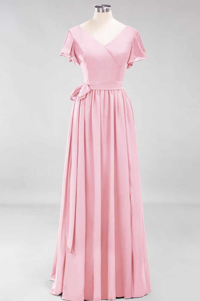 Elegant Elegant V-Neck Short Sleeve Bridesmaid Dresses with Bow Sash Long Chiffon