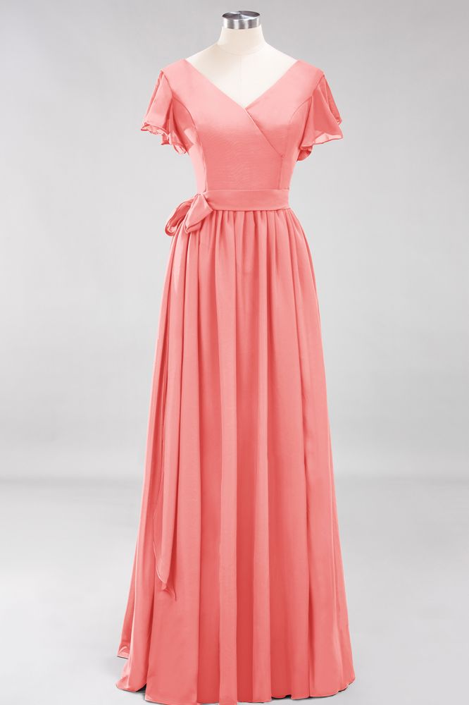 Elegant Elegant V-Neck Short Sleeve Bridesmaid Dresses with Bow Sash Long Chiffon