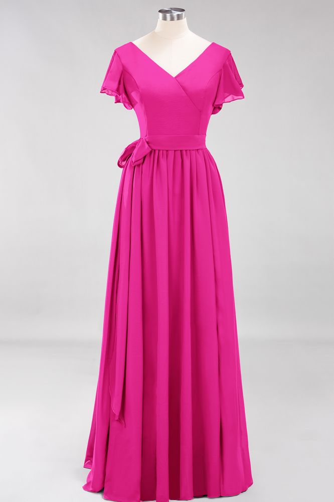 Elegant Elegant V-Neck Short Sleeve Bridesmaid Dresses with Bow Sash Long Chiffon