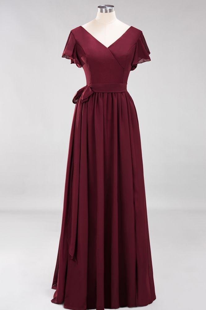 Elegant Elegant V-Neck Short Sleeve Bridesmaid Dresses with Bow Sash Long Chiffon