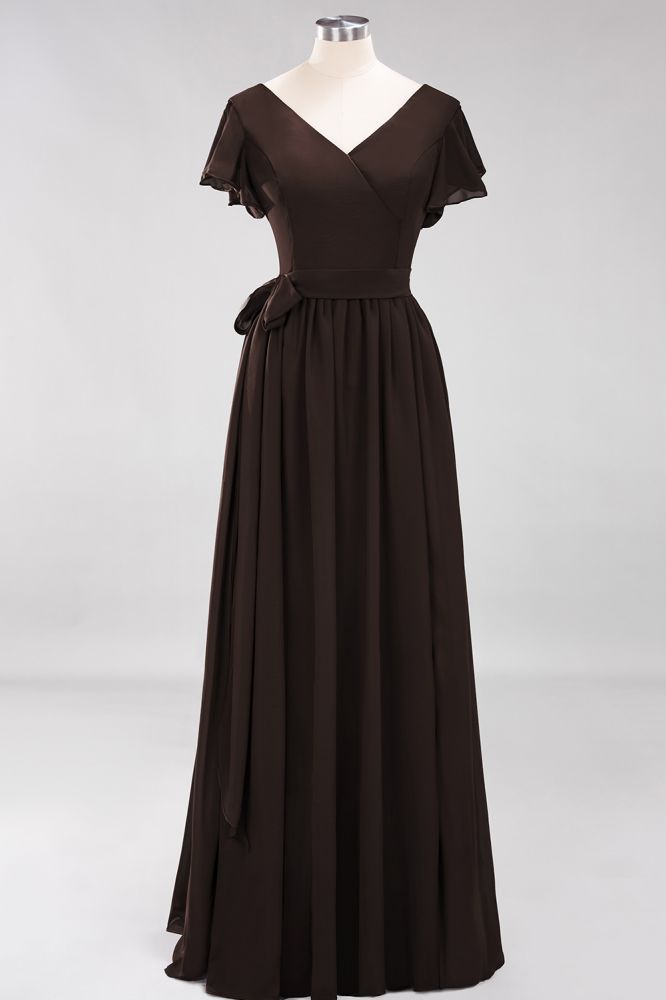 Elegant Elegant V-Neck Short Sleeve Bridesmaid Dresses with Bow Sash Long Chiffon