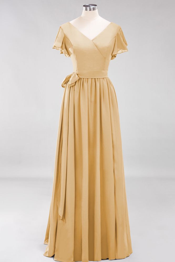 Elegant Elegant V-Neck Short Sleeve Bridesmaid Dresses with Bow Sash Long Chiffon